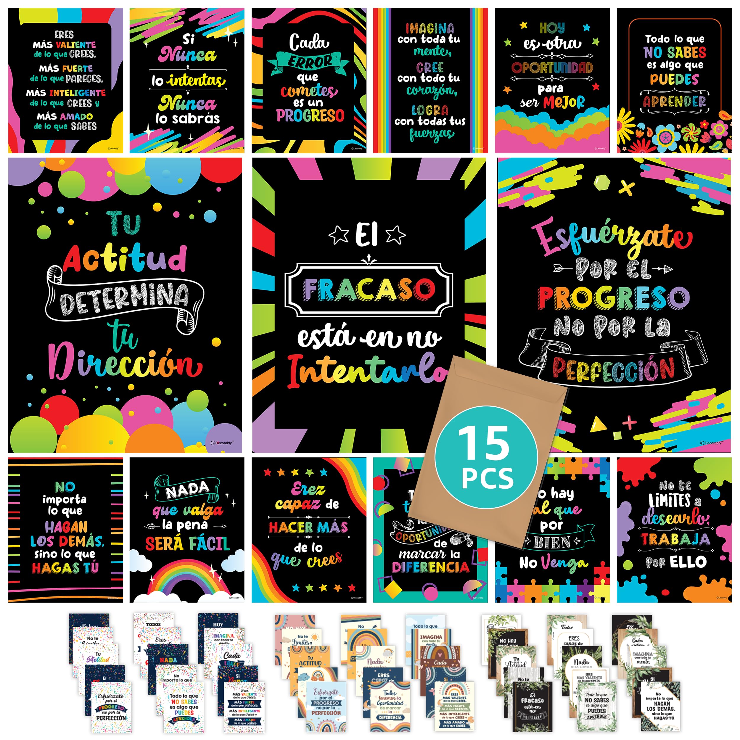 Decorably 15 Vibrant Chalkboard Motivational Spanish Classroom Posters High School, 11x14in Inspirational, Matte-Laminated Learning Decor - for