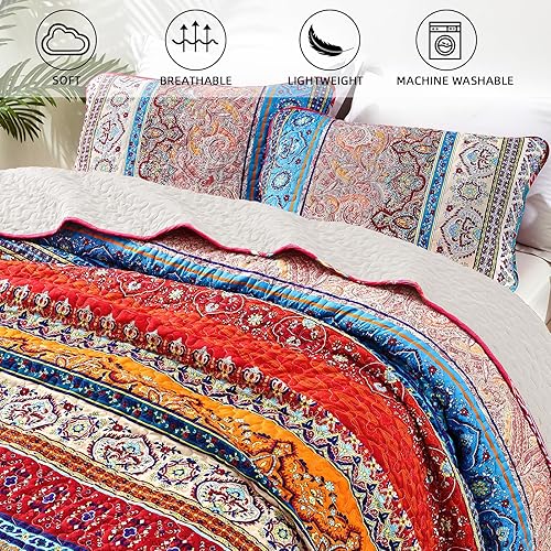 Vista 91 de WONGS BEDDING Juego de edredón bohemio tamaño Queen Aqua, juego de colcha de 3 piezas a rayas, de microfibra ligera y suave bohemia para todas