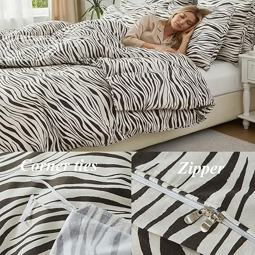 Miniatura 5 de FADFAY Juego de funda de edredón de cebra, tamaño Queen, 100% algodón, estampado de animales en blanco y negro, 3 piezas con cierre de cremallera y