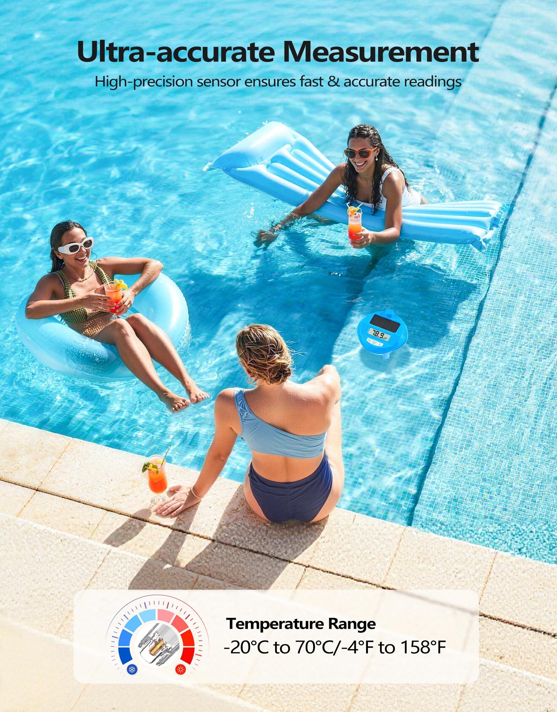 DeeprBlu 2026 Pool Thermometer Funk Solar, Poolthermometer Schwimmend mit Dynamische LED-Lichtshow & Duale Hintergrundbeleuchtung, 200 Meter Kabellose Übertragung, Poolthermometer Digital Funk für Spa
