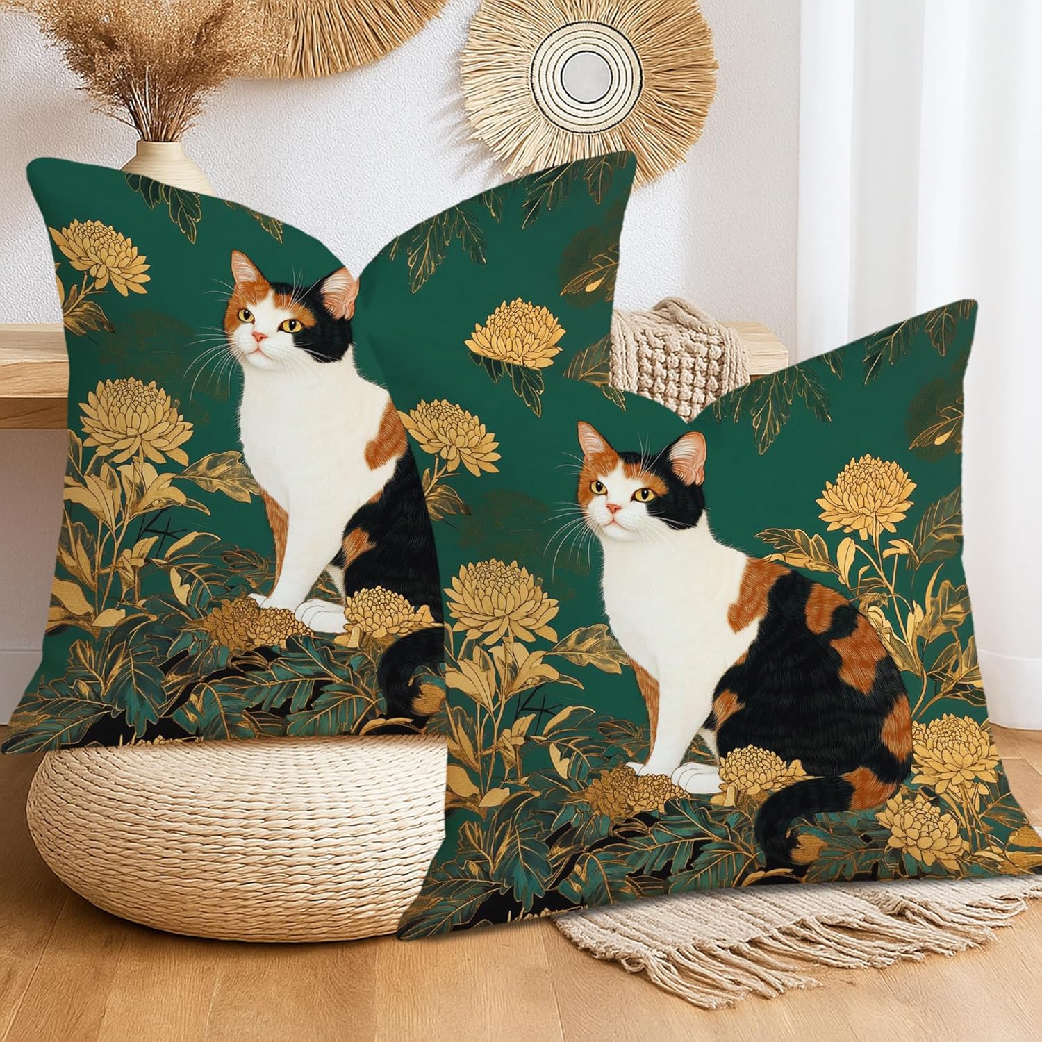 Calico Cat Throw Pillow Covers Set of 2, Deep Green Floral Decor Pillows Case, Seasonal Home Decorative Cushion Covers for Couch Bed Sofa 26x26 Inch