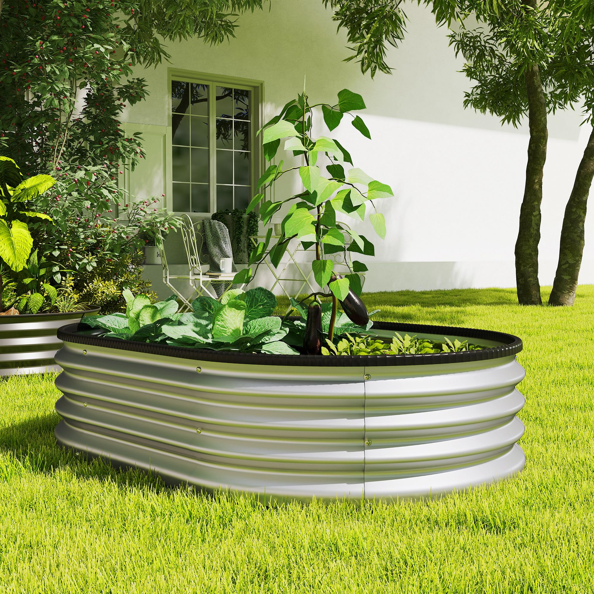 Outsunny Jardinière surélevée en métal, lot de 2, 135 x 90 x 30 cm, ovales, fond ouvert, bandes en caoutchouc, bordure de sécurité, gants, kit modulaire, jardinière surélevée pour légumes, fruits,