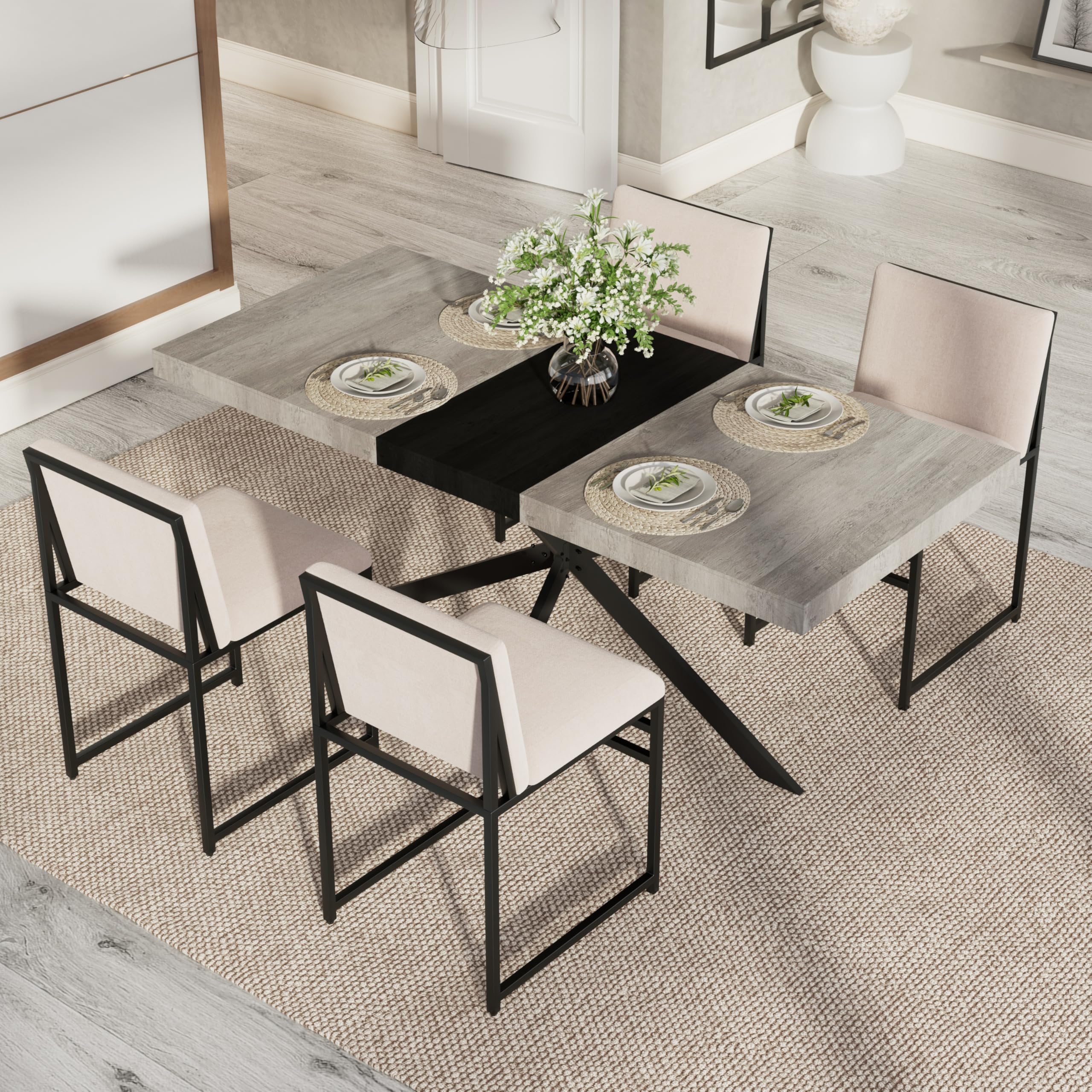 KATBOC 5-Piece Dining Table Set for 4 People, 70In Extendable Kitchen Table and 4 Upholstered Dining Chairs, Rectangle Dining Table with Metal Frame &