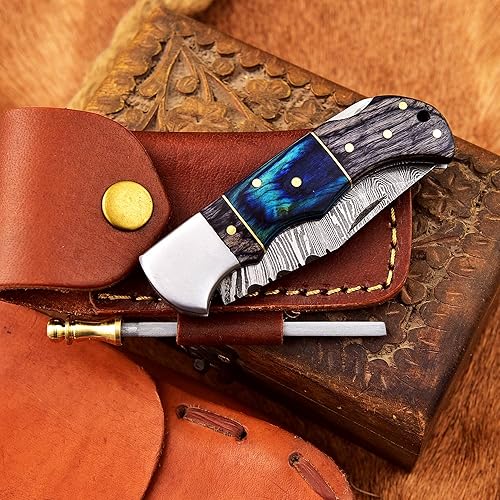 Miniatura 6 de MTK Suppliers Cuchillo de bolsillo de acero de Damasco hecho a mano, cuchillos plegables personalizados, mango de madera con funda de cuero, regalo