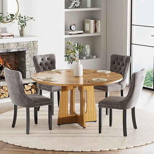 Miniatura 35 de Juego de mesa de comedor redonda de 47 pulgadas para 4, mesa de cocina de mármol sintético blanco circular con 4 sillas de comedor tapizadas de Mesa