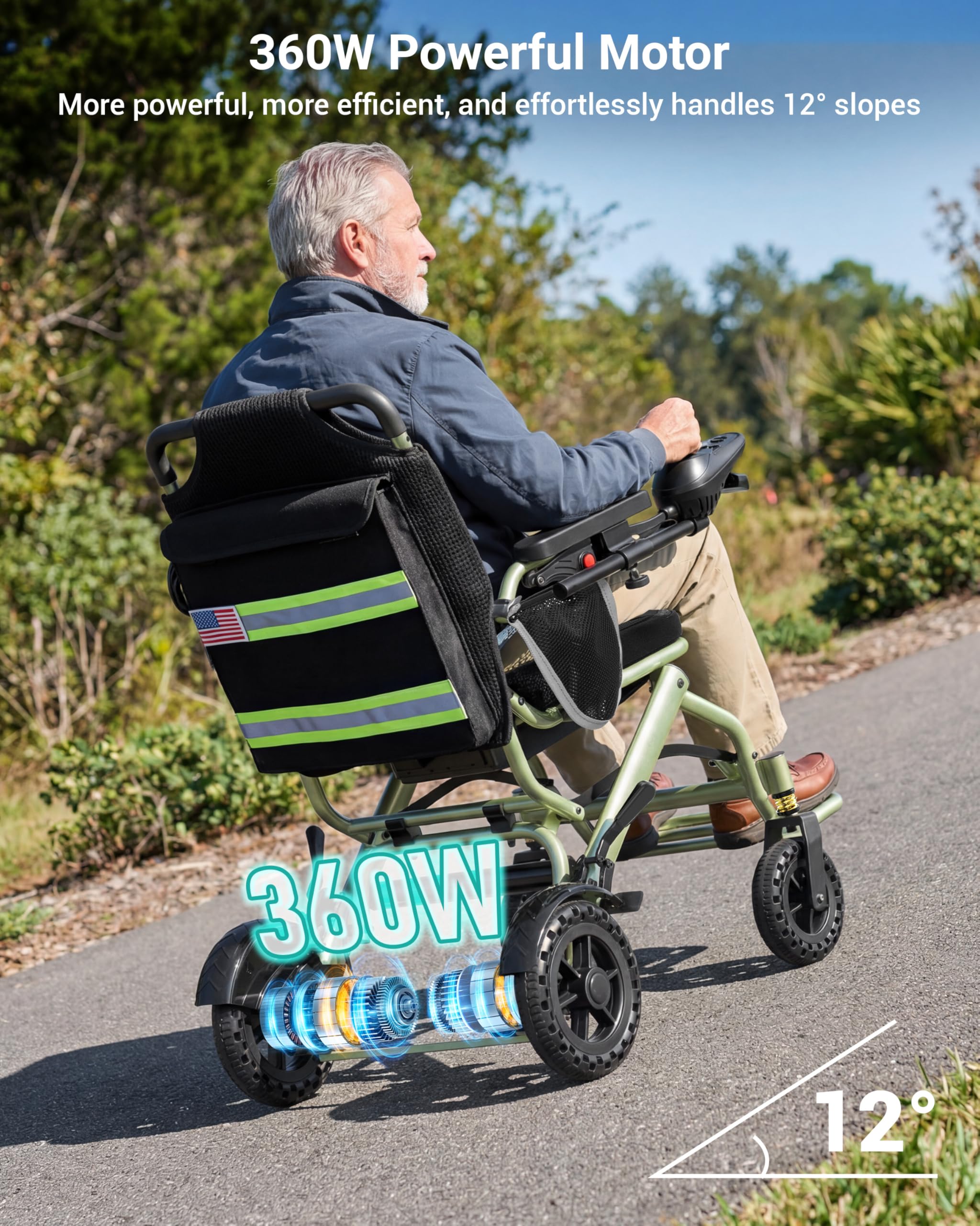 Silla de Ruedas Eléctrica Plegable de 15 kg para Adultos y Personas Mayores, con Autonomía de 24 km y Luz LED; Soporta 150 kg, Motor de 360 W, Silla de Ruedas Motorizada Apta para Viajes en Avión