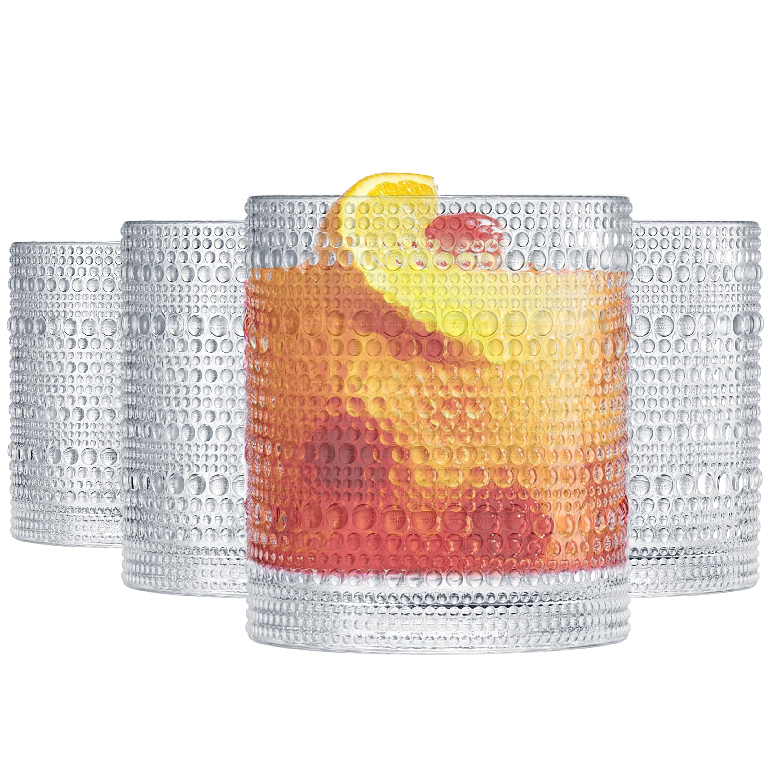 Khen Plastic Hobnail Drinking Glasses Set of 4 Clear Cups 14oz Shatterproof Unbreakable Acrylic Beaded Design BPA-Free Dishwasher