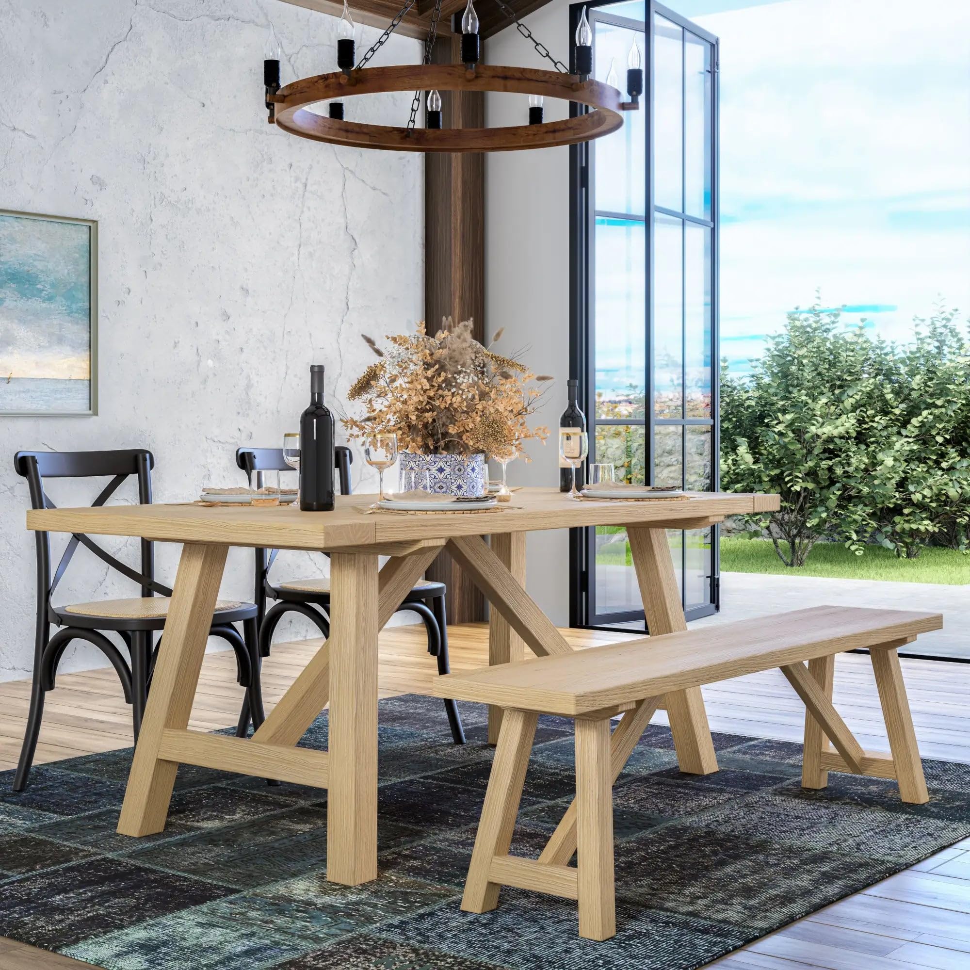 Grain Wood Furniture Solid Wood Cascais 72" Rectangular Table with Farmhouse Base in Blonde Oak Top and Base