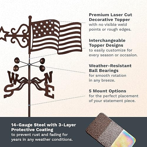 Miniatura 3 de EZ Vane - Veleta de acero con bandera de Estados Unidos, 21 pulgadas de altura, incluye soporte de metal de 4 lados, vasos de viento y soportes,