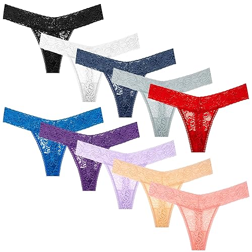 Pmrxi Pack 10 Seamless Lace Thongs for Women Plus Size Breathable Panties Low Rise T-back Stretch Cotton No Show Underwear - 4X-Large - 10 Pieces Lace Thongs