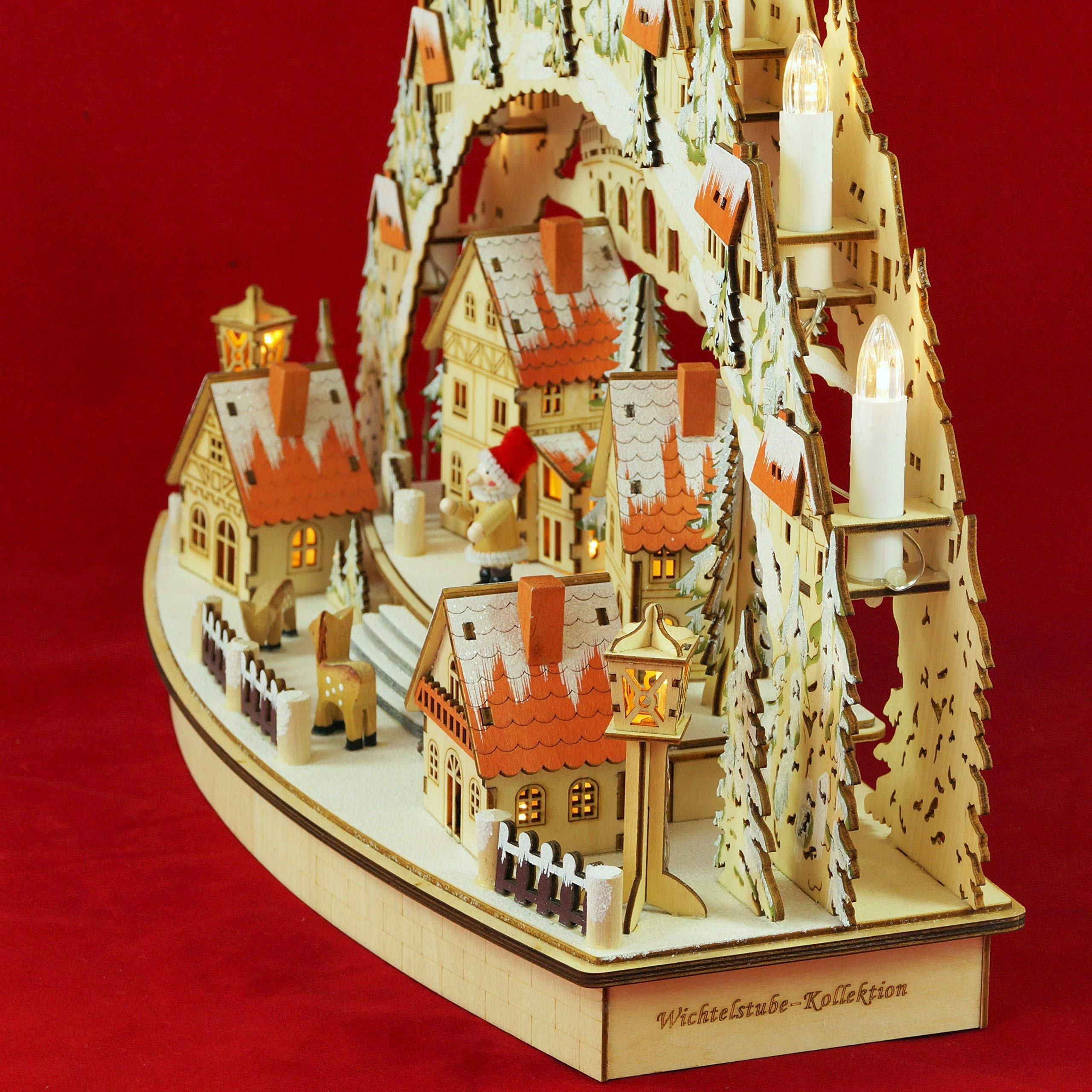 Wichtelstube-Kollektion XL Lichterbogen Weihnachten, Handbemalt, Detailreich, Batteriebetrieben mit Timer, Sparsam, LED Beleuchtung mit 3D-Effekt, Schwibbogen Weihnachten, Weihnachtsdeko Holz