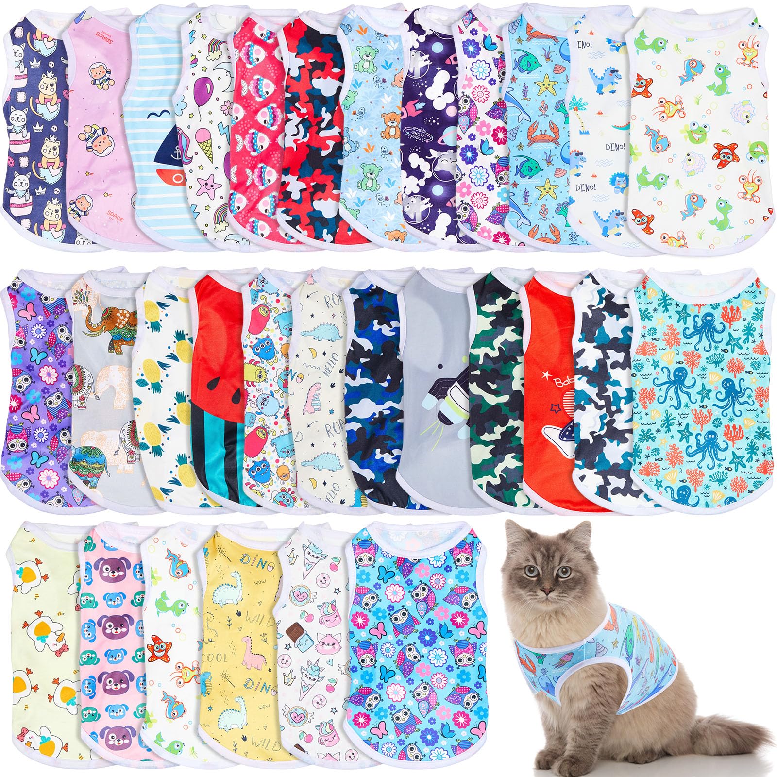 Sunnymove 30 Pcs Cat Shirts Dog Clothes Summer Sleeveless Puppy Vest Breathable Cartoon T Shirt Soft Clothing Lovely Pet O...