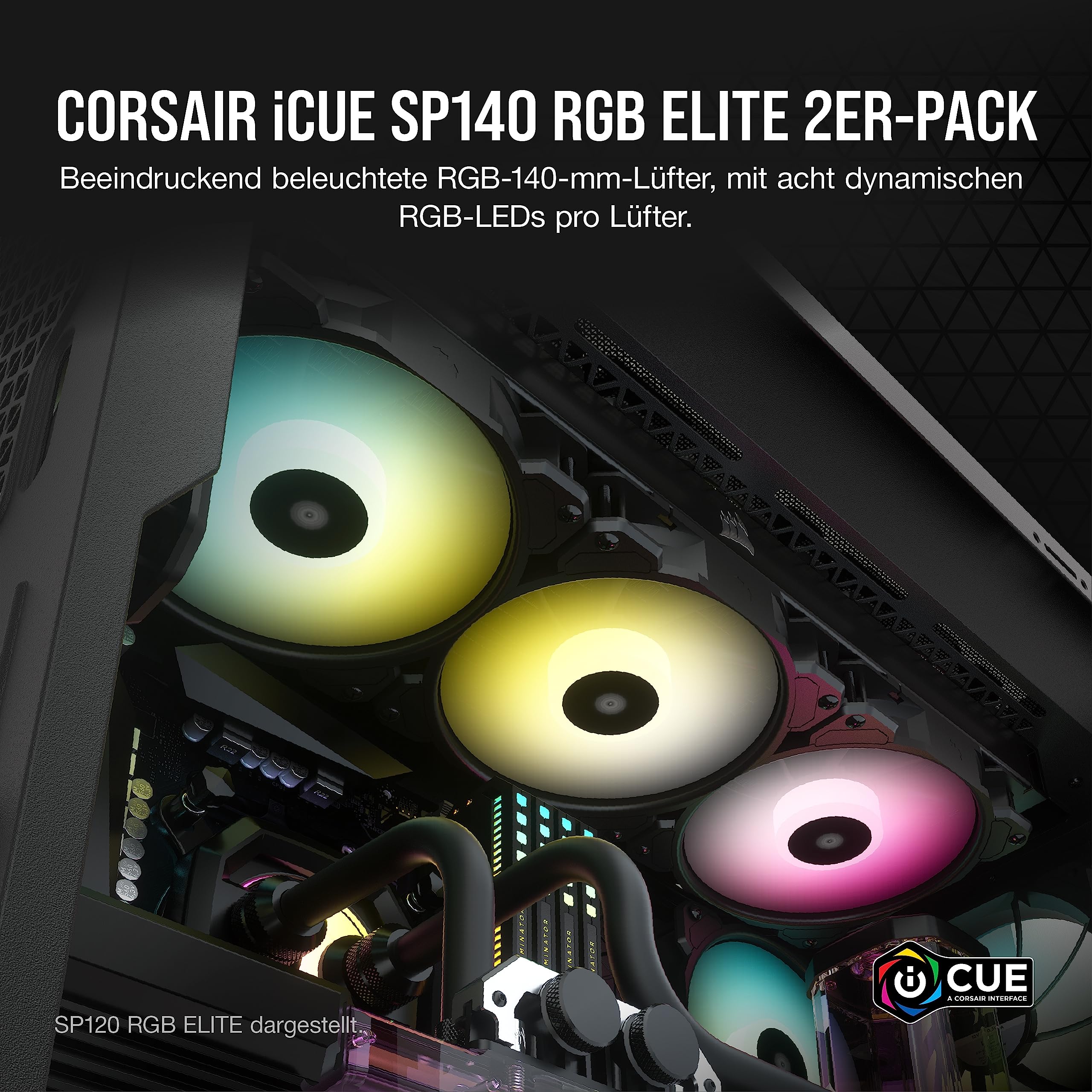 Corsair iCUE SP140 RGB ELITE Performance 140mm-PWM-Lüfter 2er-Pack mit iCUE Lighting Node CORE (CORSAIR AirGuide-Technologie, Acht Ansteuerbare RGB-LEDs, Leise 18 dBA, Bis zu 1.200 U/min) Schwarz