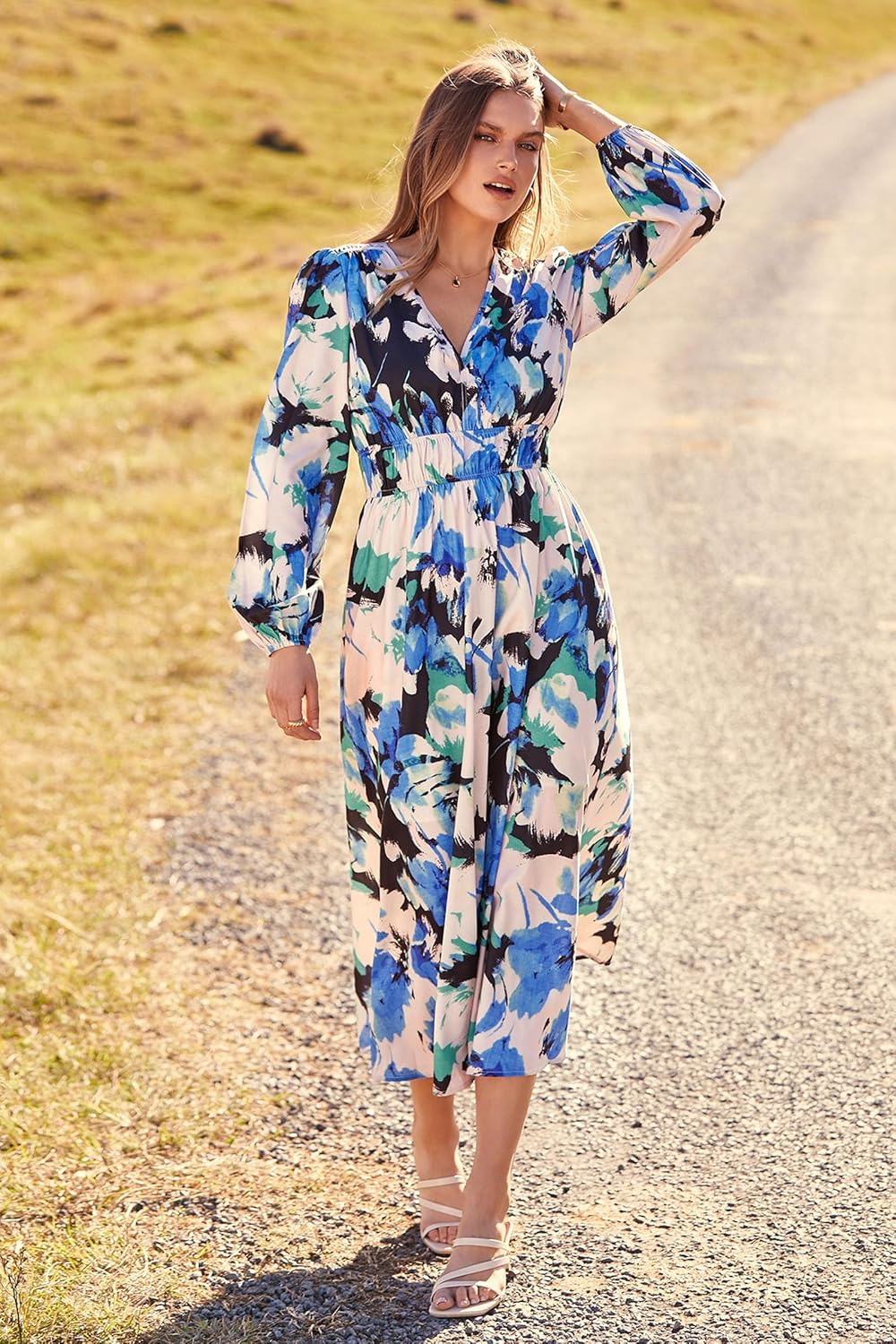 PRETTYGARDEN Women's Floral Midi Dress Casual Fall V Neck Long Sleeve Flowy Spring Beach Wedding Guest Vacation Dresses - Image 9