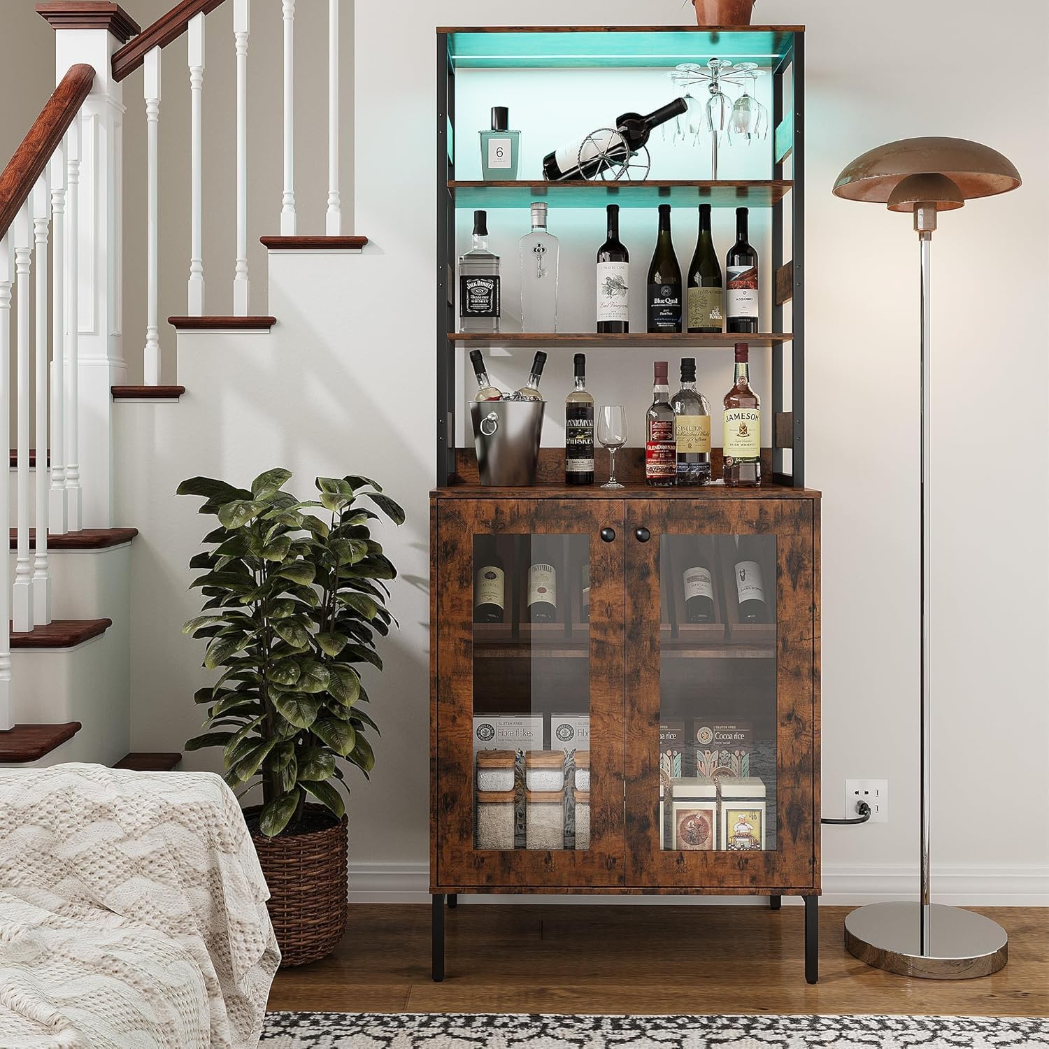 Towallmark 67 Inch Farmhouse Bakers Rack with Power Outlet & LED Lights, Kitchen Coffee Bar Cabinet Microwave Stand with Storage, Liquor Bar Cabinet with Adjustable Shelves and Hutch, Brown