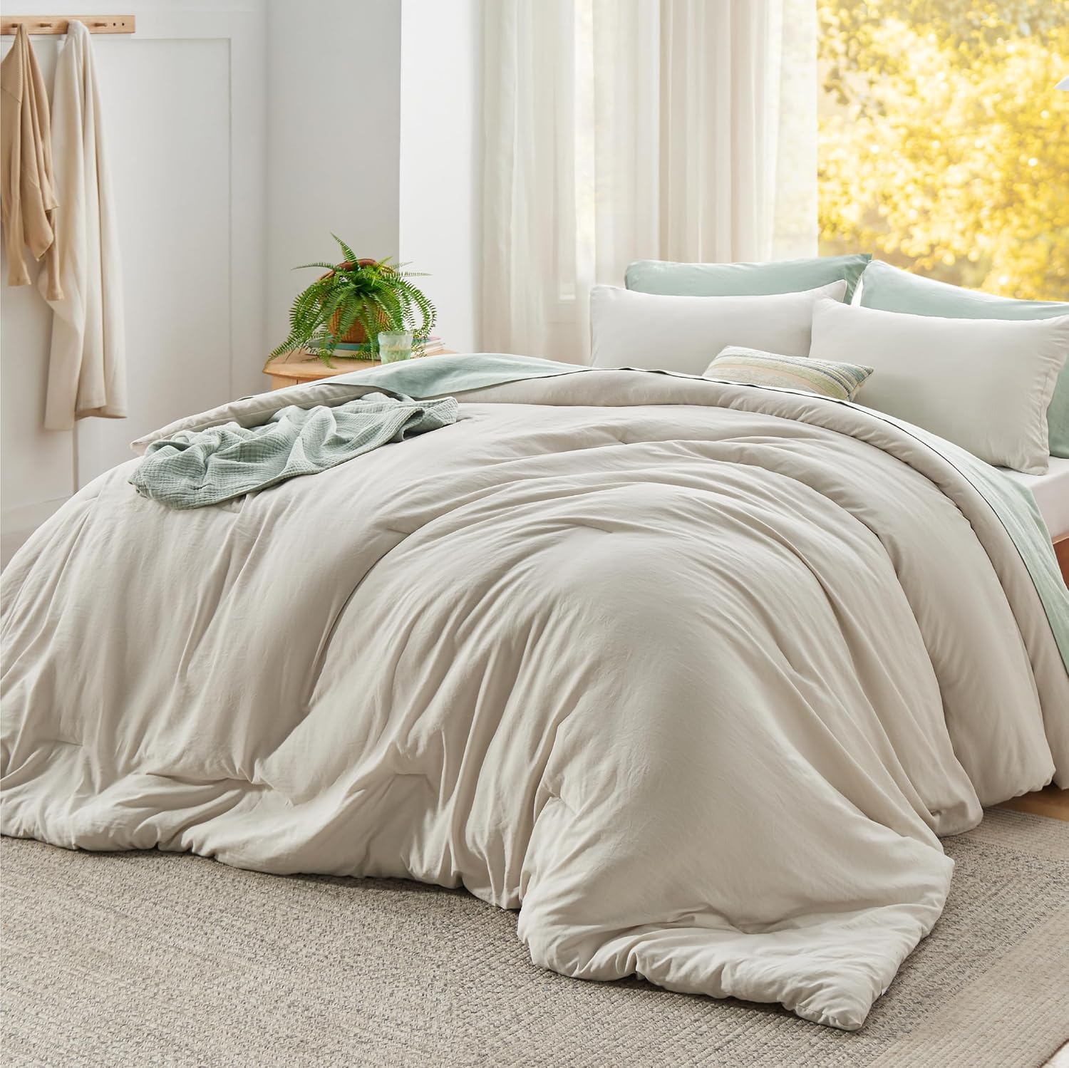 Bedsure Super King Size Comforter Set, Beige Soft Prewashed Bedding for All Seasons, 3 Pieces GentleSoft™ Bed Set, 1 Lightweight Comforter (120"x120") and 2 Pillowcases (20"x36") Super King(120"x120") 01 - Beige