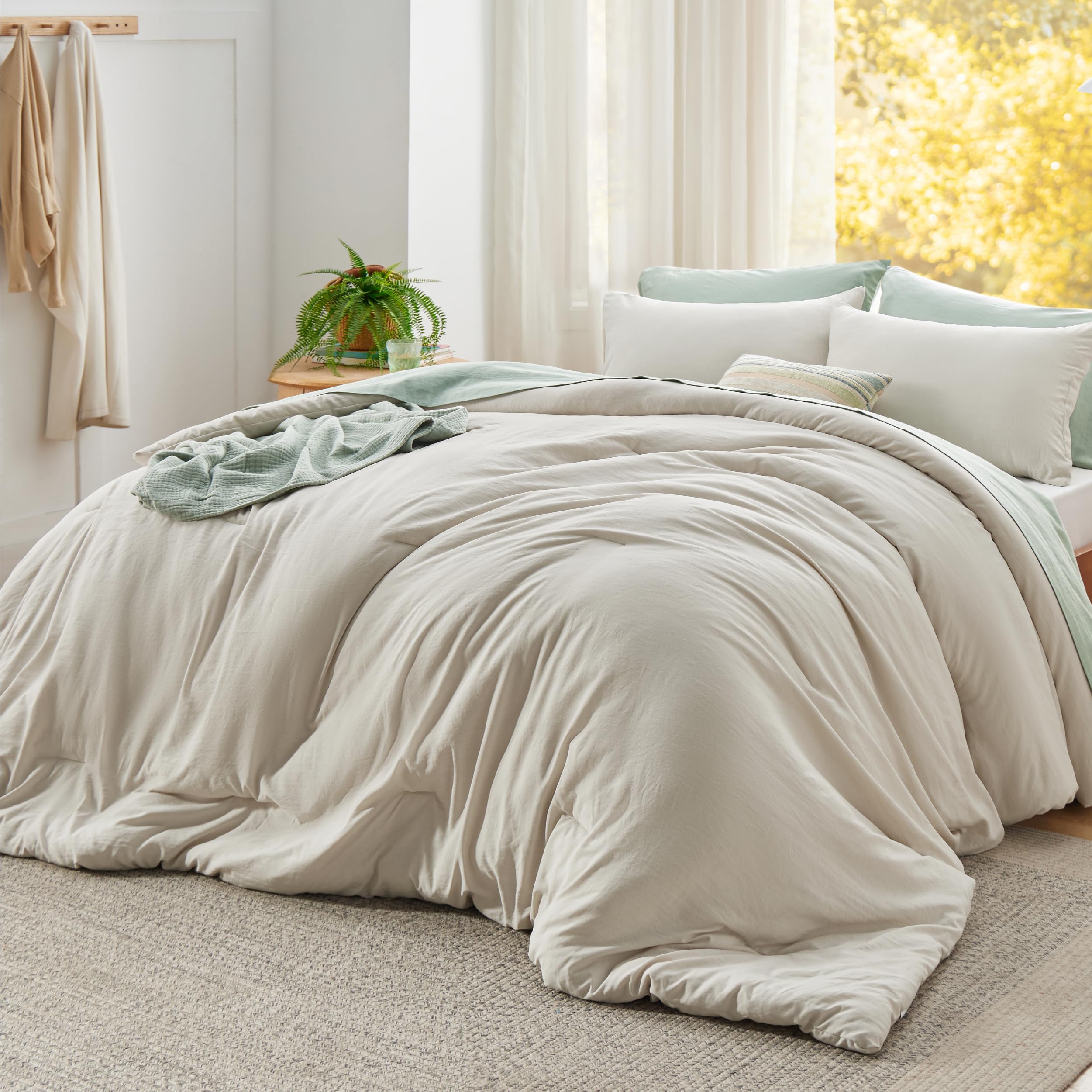 Bedsure Super King Plus Size Comforter Set, Beige Soft Prewashed Bedding for All Seasons, 3 Pieces GentleSoft™ Bed Set, 1 Lightweight Comforter (128"x120") and 2 Pillowcases (20"x36")
