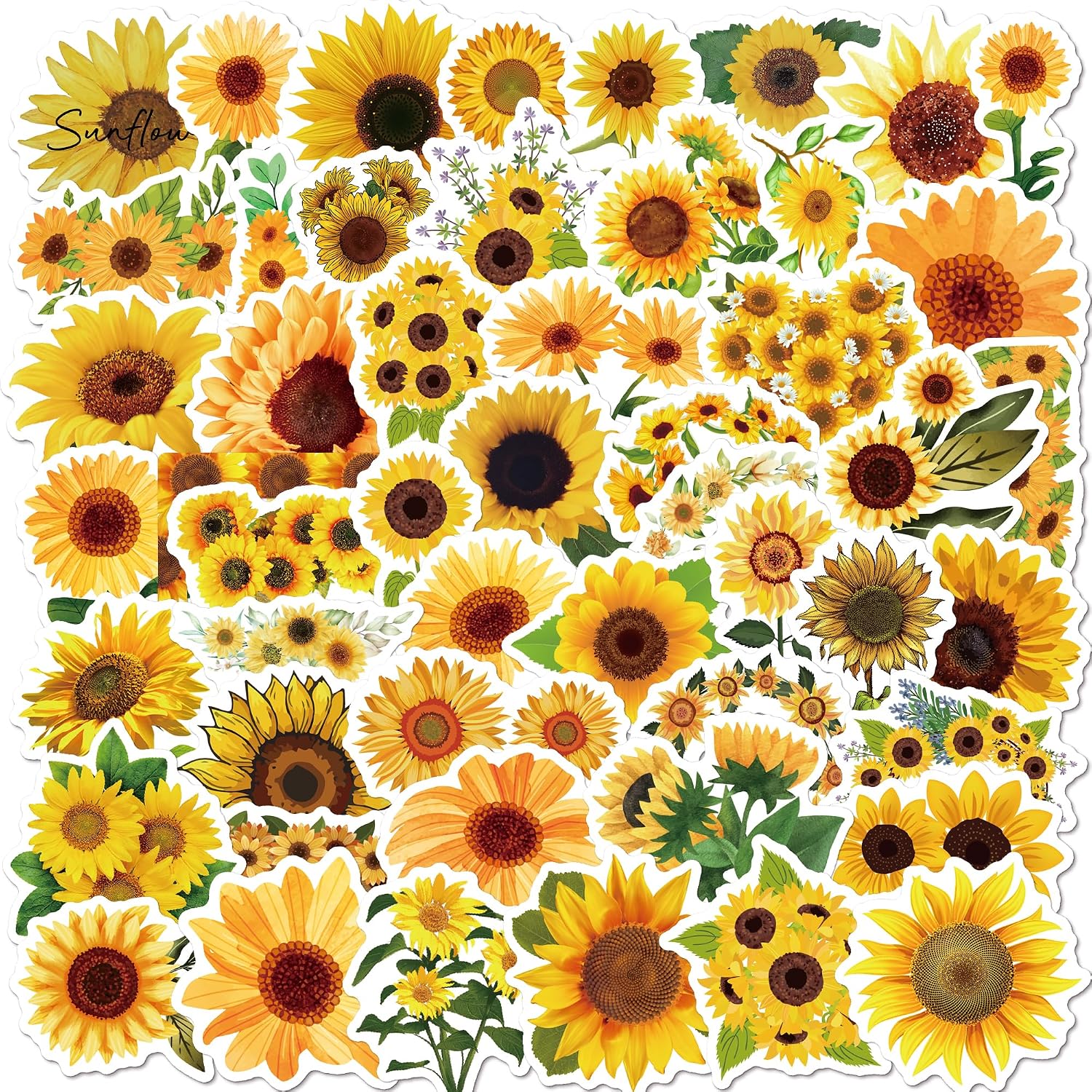 50 PCS Sunflower Stickers, Vinyl Waterproof Decals for Water Bottles, Phone, Laptop, Luggage, Guitar, Floral Sunflower Sticker Gifts for Women Men Adults