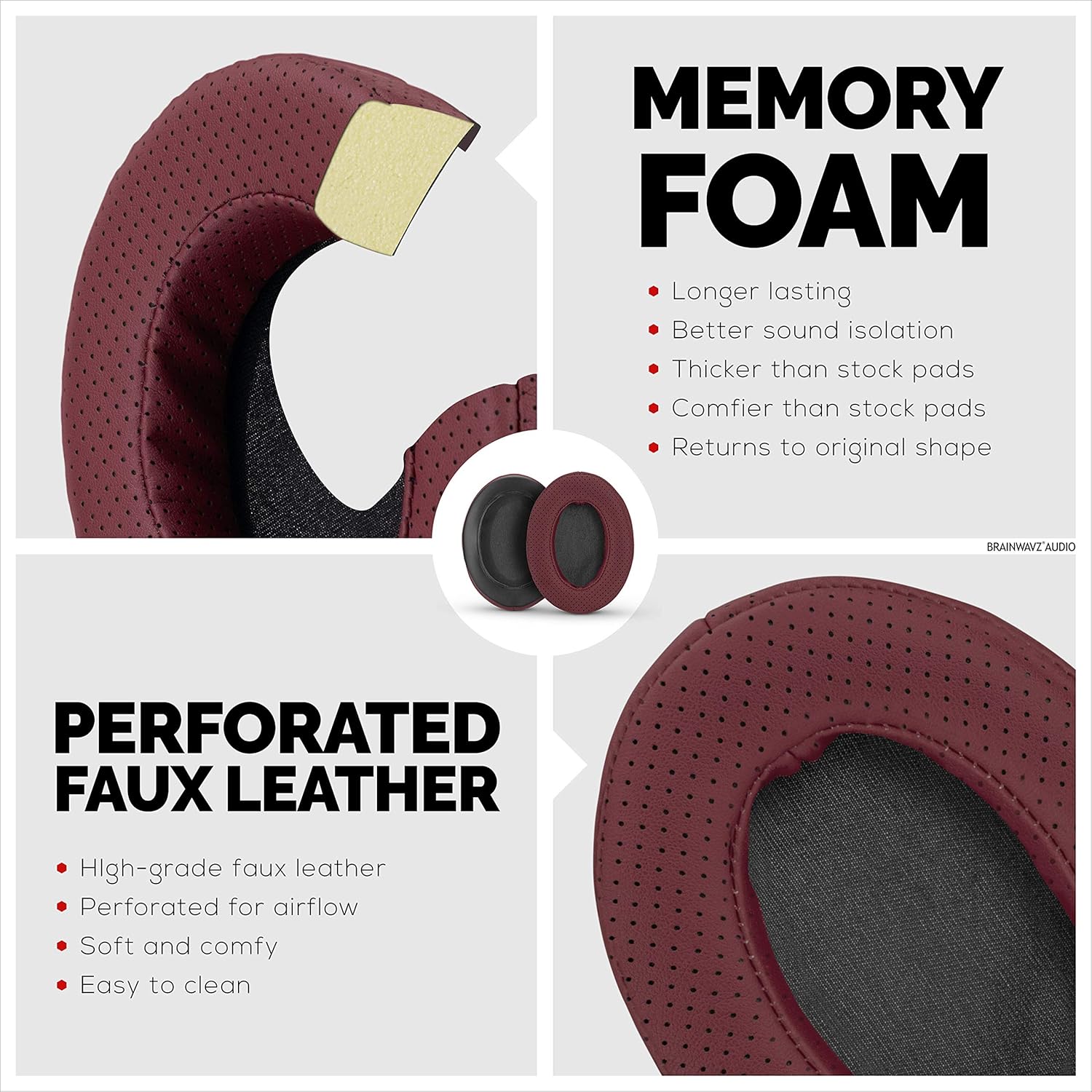 Brainwavz Replacement Memory Foam Earpads - Suitable for Many Other Large Over The Ear Headphones - AKG, HifiMan, ATH, Philips, Fostex (Perforated Red)