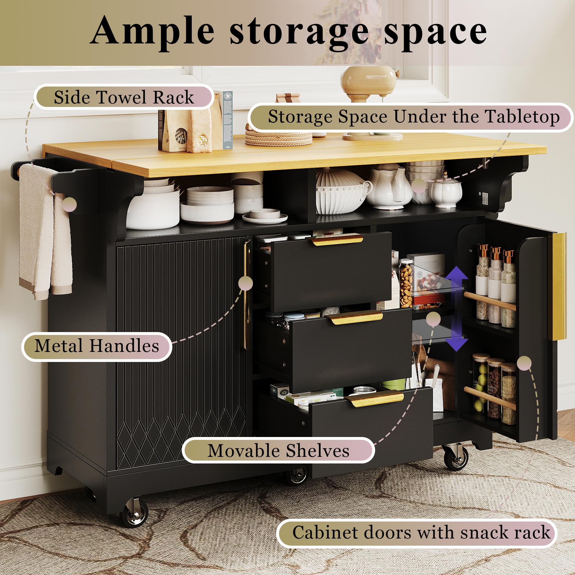 Isola da cucina multifunzionale con estensione tavolo da pranzo, ante con motivo verticale, vano portaoggetti con cassetti, piano pieghevole su entrambi i lati, credenza da cucina su ruote