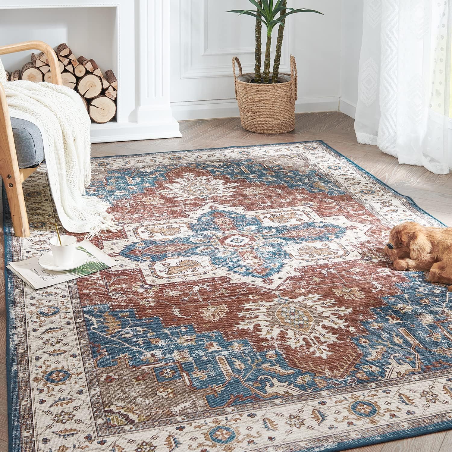 jinchan Area Rug 5x7 Persian Rug Vintage Indoor Rug Rusty Red and Blue Kitchen Rug Thin Rug