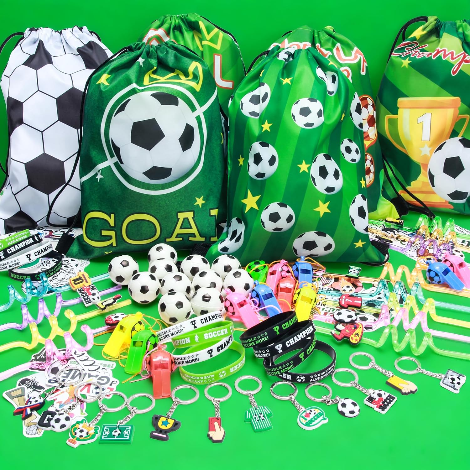 J6&H6 122 Pcs Soccer Party Favors Soccer Goodie Bags Including 12 Soccer Drawstring Bags Stress-relieving Soccer Straws Keychains silicone Wristband and stickers for Soccer Party Gift. (soccer) - Image 2