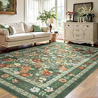 Deerly Green Area Rug for Livingroom, Washable Vintage Floral Boho Large Area Rugs for Bedroom Childroom Diningroom, Non-S...