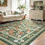 Deerly Green Boho Floral Rug 6x9 Vintage Boho Washable Non-Slip Living Room Carpet Soft Low Pile Thin Bedroom Floor Mat Indoor for Dining Room Playroom Nursery Farmhouse, Green/Multi