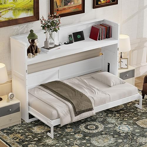 SOFTSEA Twin XL Horizontal Murphy Bed with Desk, Hideaway Wall Bed with Storage Shelves, LED Light & USB Ports, Space-Saving Foldable Murphy Bed for Guest Room, Bedroom, Office, White