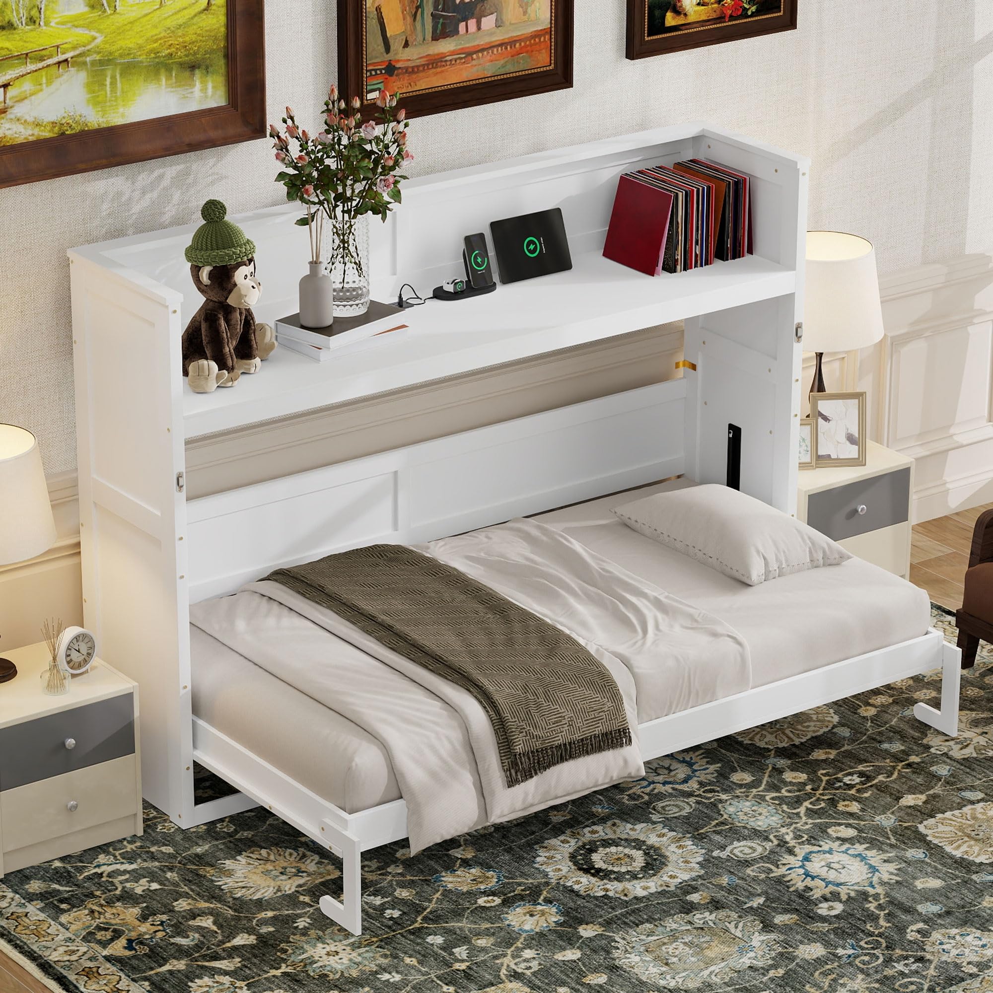 SOFTSEA Twin XL Horizontal Murphy Bed with Desk, Hideaway Wall Bed with Storage Shelves, LED Light & USB Ports, Space-Saving Foldable Murphy Bed for Guest Room, Bedroom, Office, White