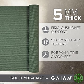 Gaiam Yoga Mat - Premium 5mm Solid Thick Non Slip Exercise & Fitness Mat for All Types of Yoga, Pilates & Floor Workouts (68 x 24 x 5mm)