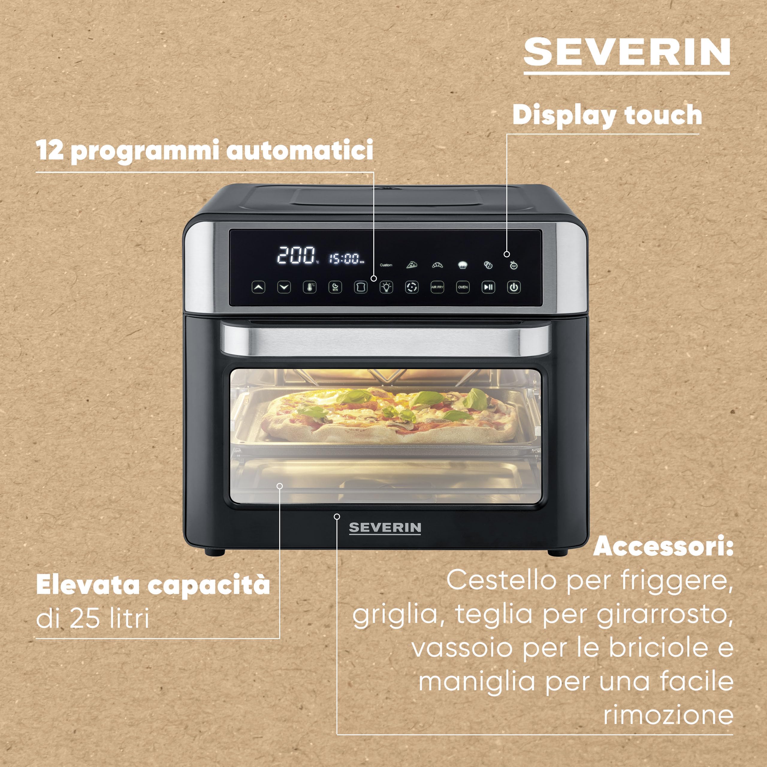 SEVERIN Forno Elettrico e Friggitrice ad Aria, 2200W, 25 Litri, 12 Programmi, Display Touch, No Pre-riscaldamento, Accessori Girarrosto, 41,0 x 45,0 x 37,0 cm, Nero/Inox - TO 9579