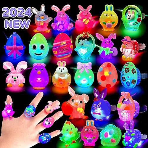 28 piezas de rellenos de huevos de Pascua 3D, anillos iluminados para huevos de Pascua, juguetes de Pascua, anillos intermitentes LED que brillan en