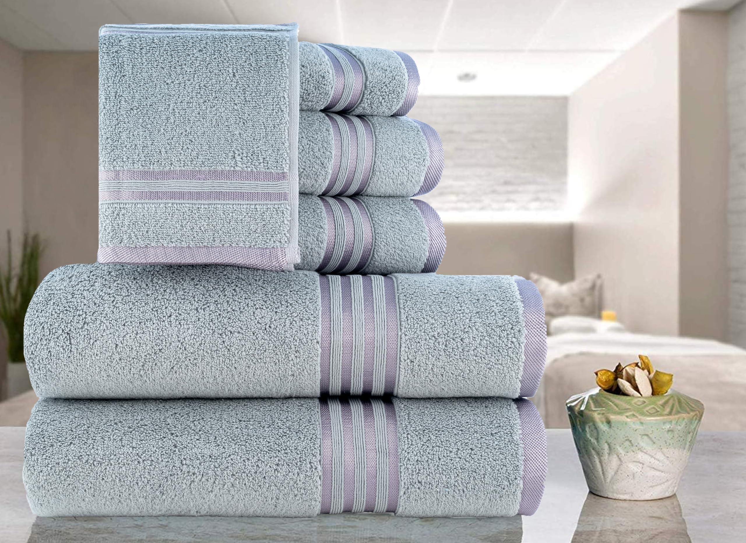 CASA COPENHAGEN 6-Bagno teli Set regalo, 600 GSM,Grigio Viola | Zero Twist, 100% puro cotone egiziano: 2 teli da bagno, 2 mani teli, 2 lavette (set regalo per donne e uomini)