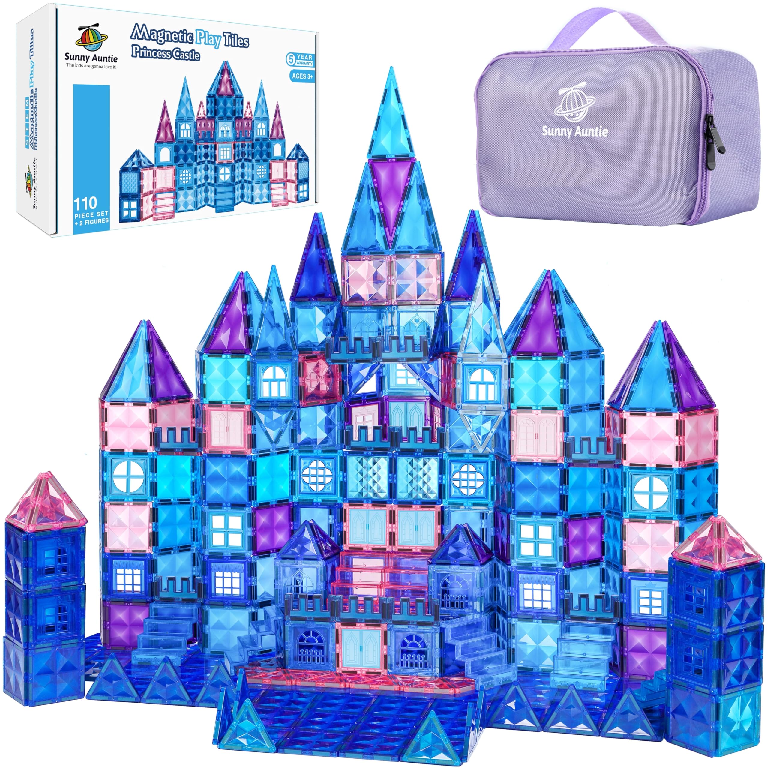 SUNNY AUNTIE Magnetic Tiles 110 PCS, Princess Castle Magnet Blocks, Toys for Girls, 3 4 5 6 7 8 Year Old Girl Birthday Gift Ideas, Magnetic Building Blocks + Zippered Carrying Case + 2 Dolls Gift