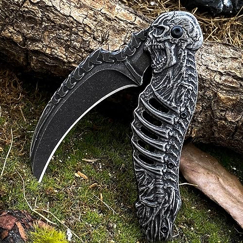 Miniatura 5 de HOLYEDGE Cuchillos plegables de bolsillo de hoja de calavera de 8.4 pulgadas lavados a la piedra con clip de bolsillo, bloqueo de forro y apertura