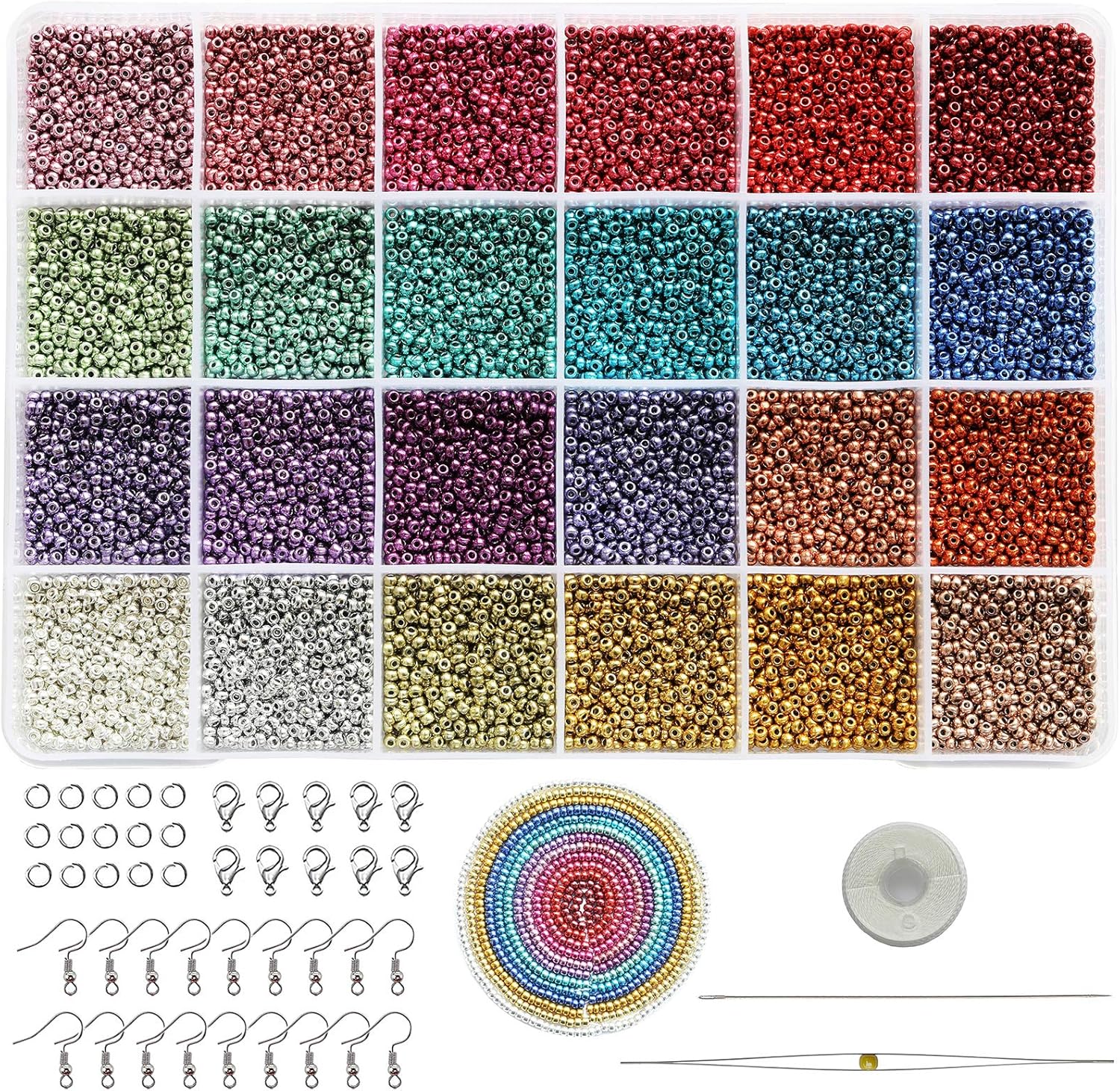 Bala&Fillic – Kit 21600 Perline Di Vetro Rocailles 12/0 (2 Mm), 24 Colori, 900pz/colore, Con Cordino, Charm, Anelli, Per Creazione Gioielli Fai Da Te, Bracciali, Collane - 5