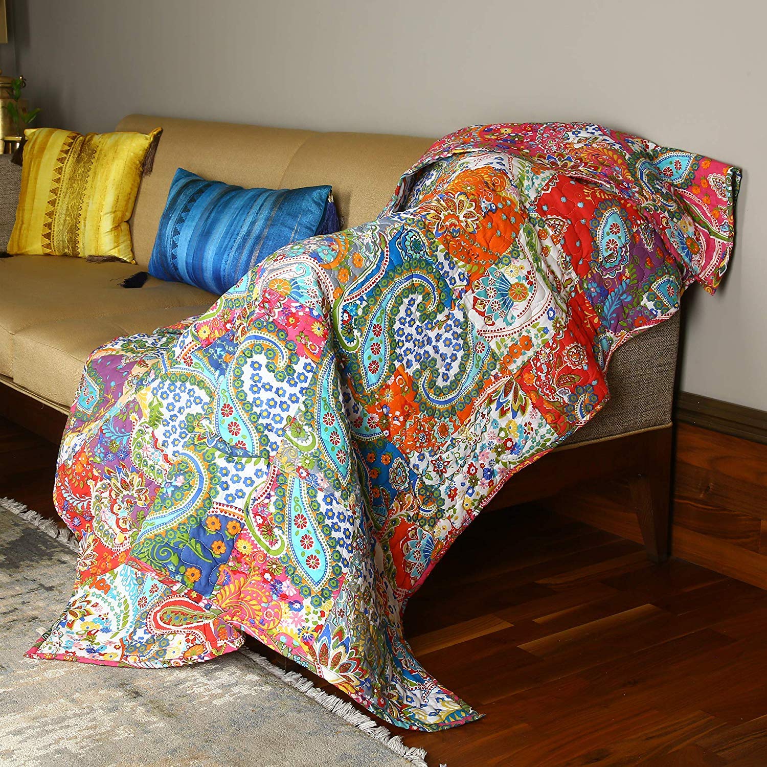 Jeté de canapé matelassé 100% coton plaid indien réversible 127 x 152 cm