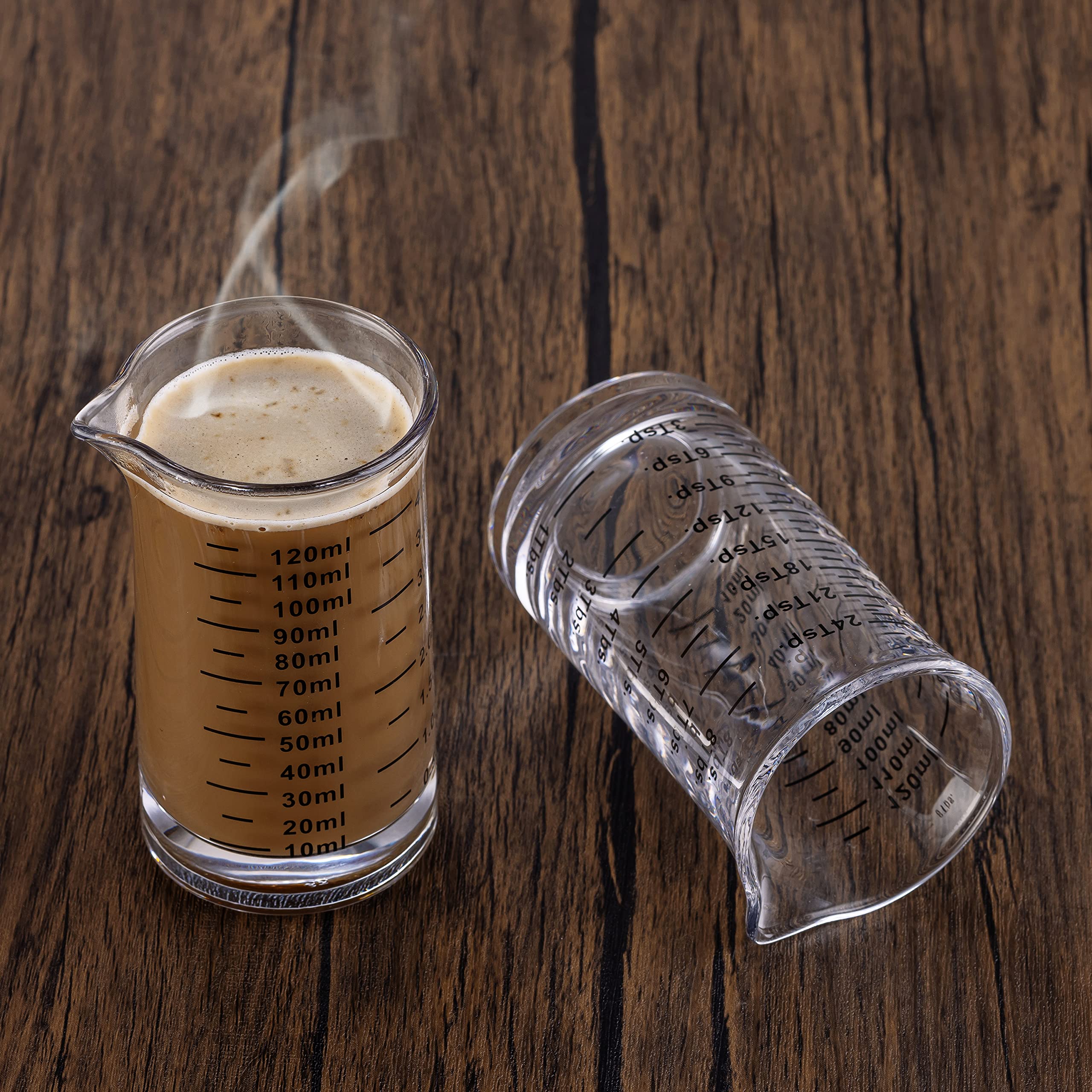 Ackers Vaso medidor de vidrio de chupito de 4 onzas/120 ml líquido pesado taza de vidrio espresso alta línea negra, boquilla en forma de V (paquete de 2)