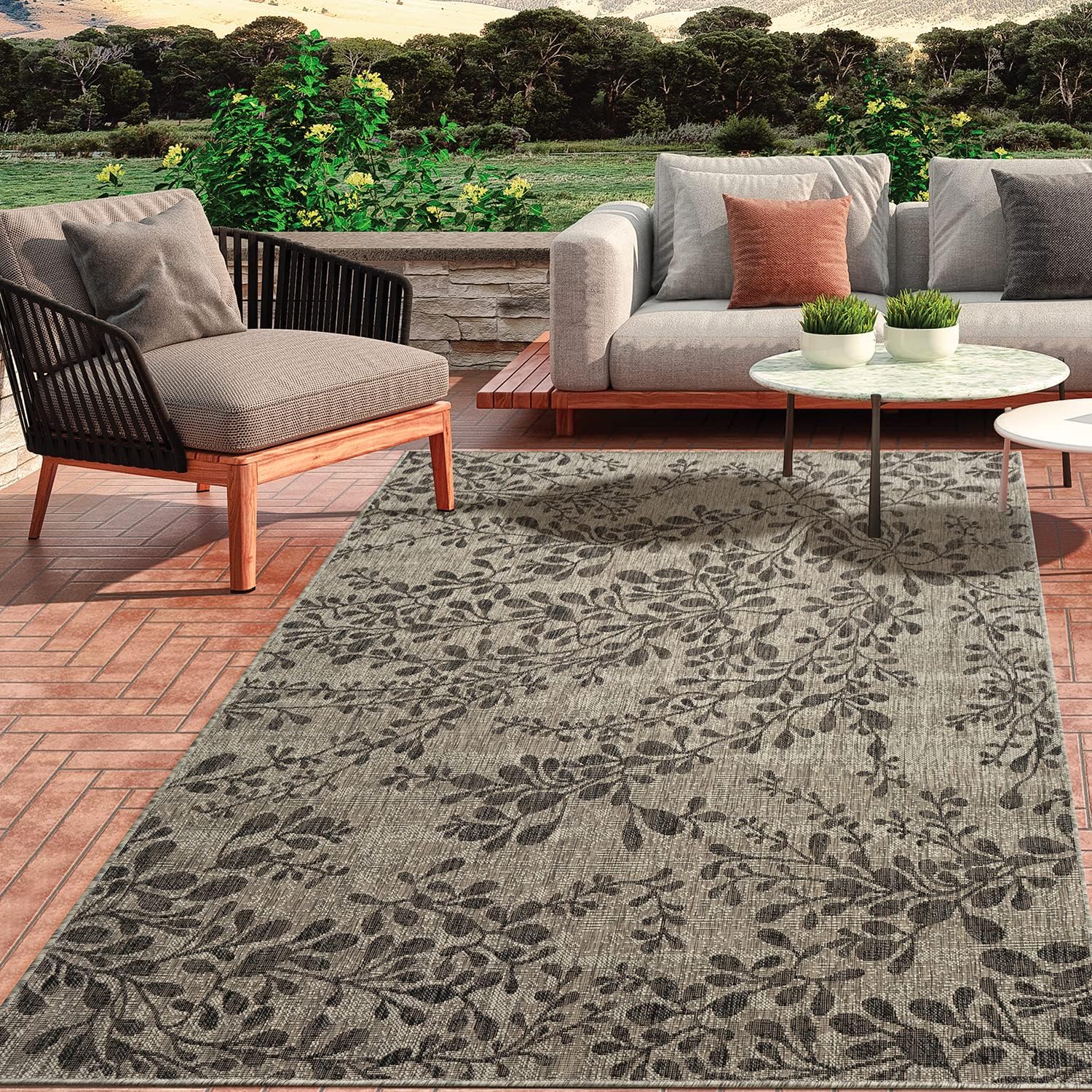 Antep Rugs Patio 6×9 – Alfombra floral para exterioresinteriores (gris, 6 pies 7 pulgadas x 9 pies)