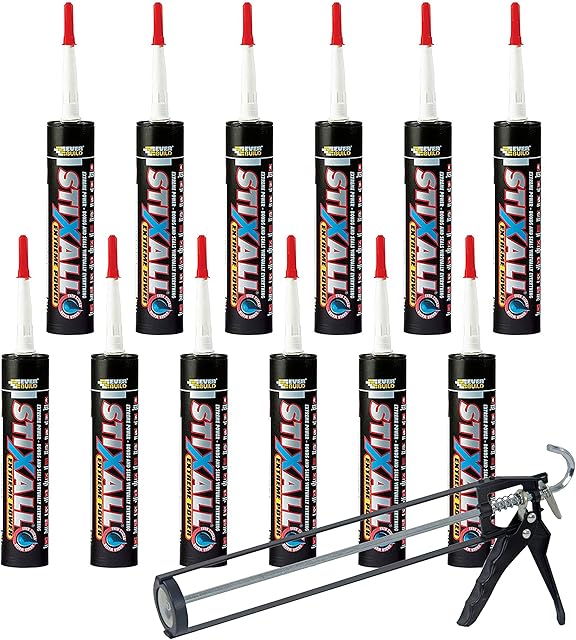 Stixall 12x Polymer Grab Sealant with Free Sealant Gun - 290ml Caulking Adhesive and Pro Sealant Applicator Included - Extra Adhesive Durable Sealant Polymer Adhesive 12-Pack