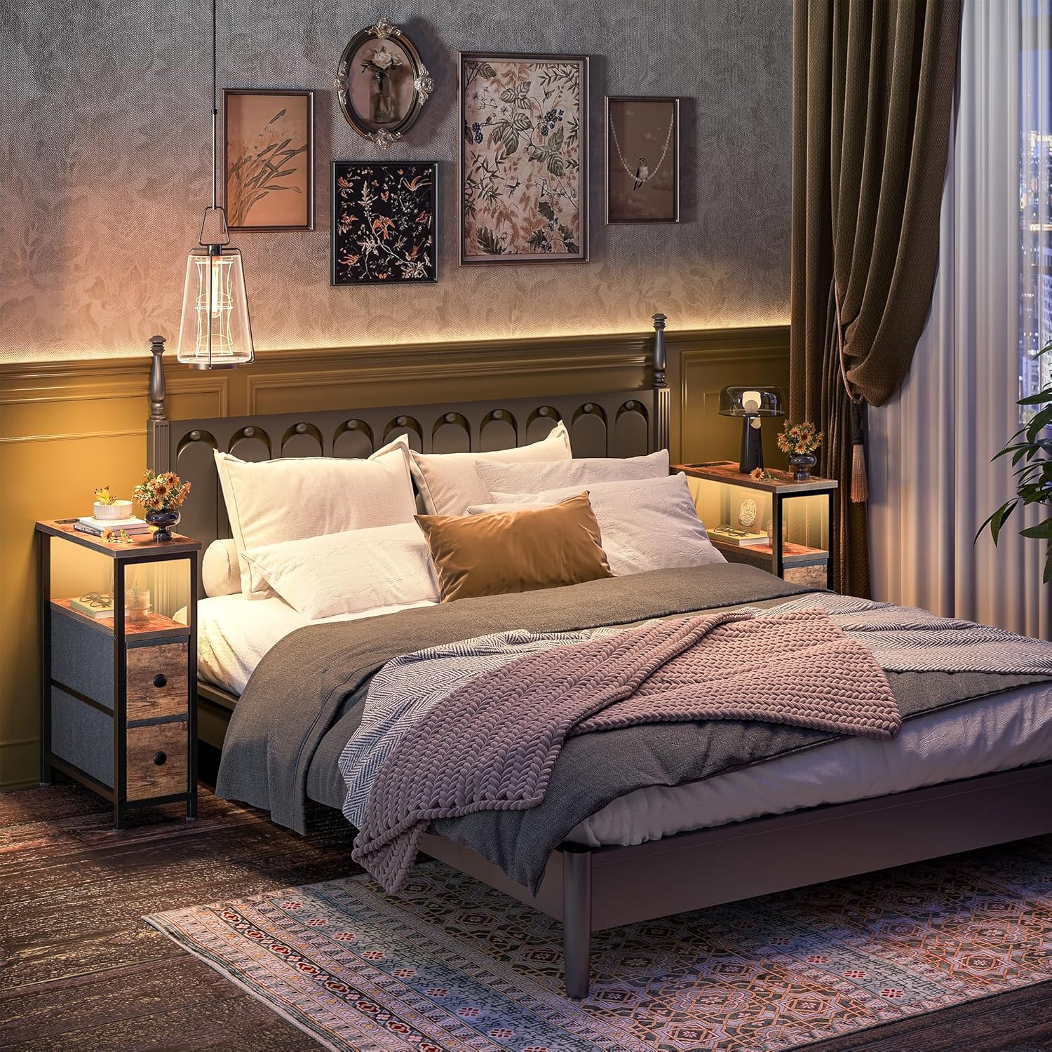 TIQLAB End Table with Charging Station, Narrow Side Table with 2 Fabric Drawers, Nightstand with LED Light, Slim Bedside Table for Bedroom, Living Room, Small Spaces, Brown