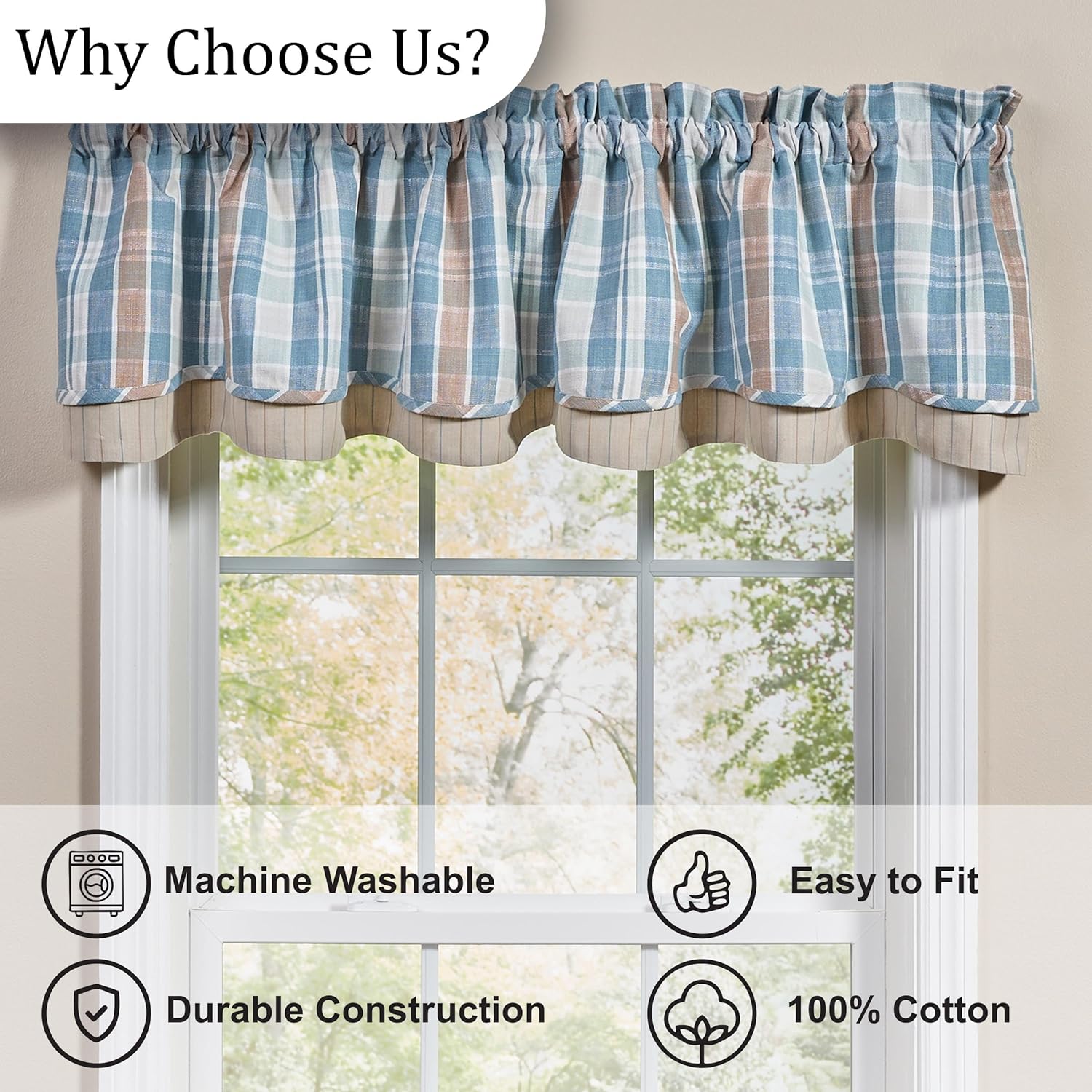 Park Designs Jordan Plaid Lined Layered Valance 72" x 14", Plaid Blue and Tan Window Valances for Simple Home Decor, Pastel Window Dressings for Spring Seasonal and Country Style Settings