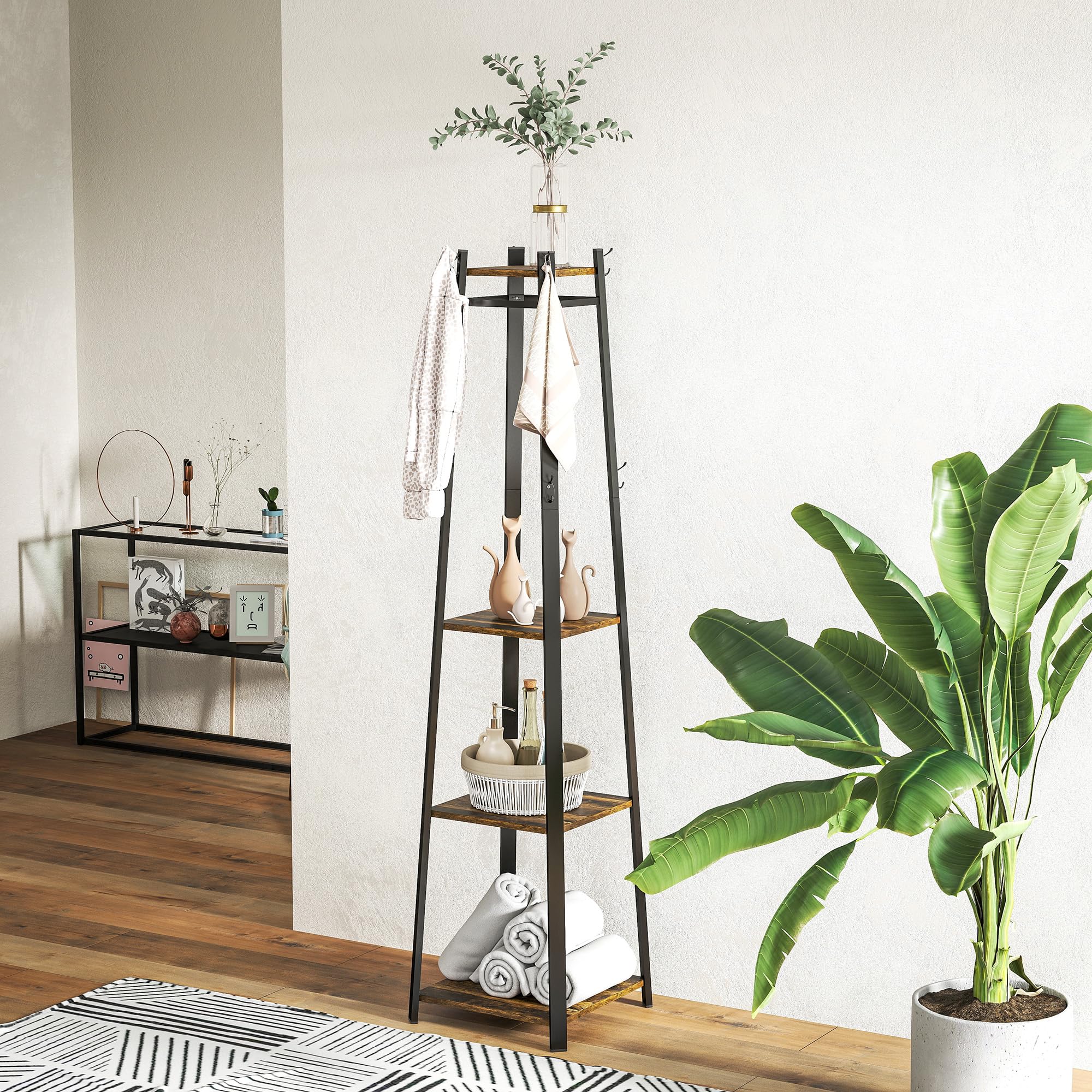 HOMCOM Appendiabiti da Terra con 8 Ganci, 3 Ripiani e Mensola Superiore, Attaccapanni Design a Trapezio per Ingresso, Camera da Letto e Salotto, 42x42x170 cm, Marrone Rustico