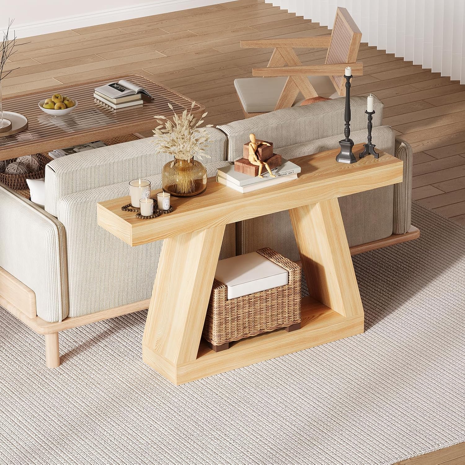 Farmhouse Console Table with Trapezium Design – 55" Wooden Sofa Table with Open Storage Shelf, Industrial Entryway Table for Living Room, Hallway & Entrance Decor, Natural