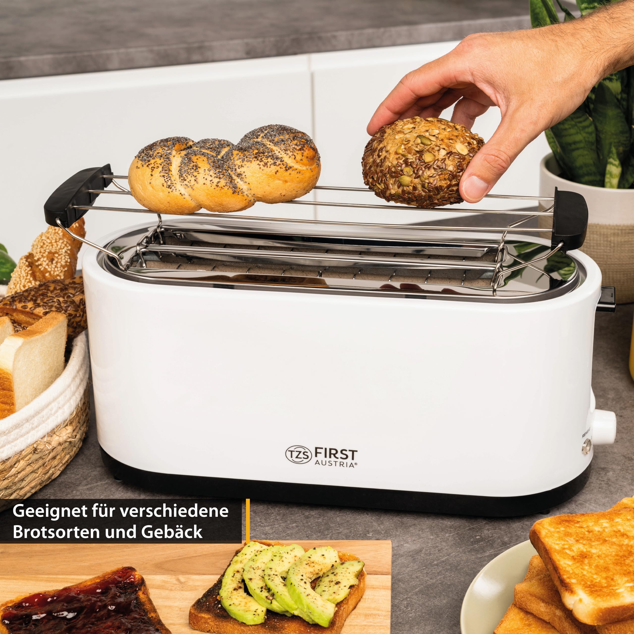 TZS First Austria - Toaster 4 Scheiben Langschlitz 1400W mit Krümelschublade | Brötchenaufsatz | wärmeisoliertes Gehäuse, Temperatureinstellung, Edelstahlgehäuse, Auftaufunktion, Brotzentrierung