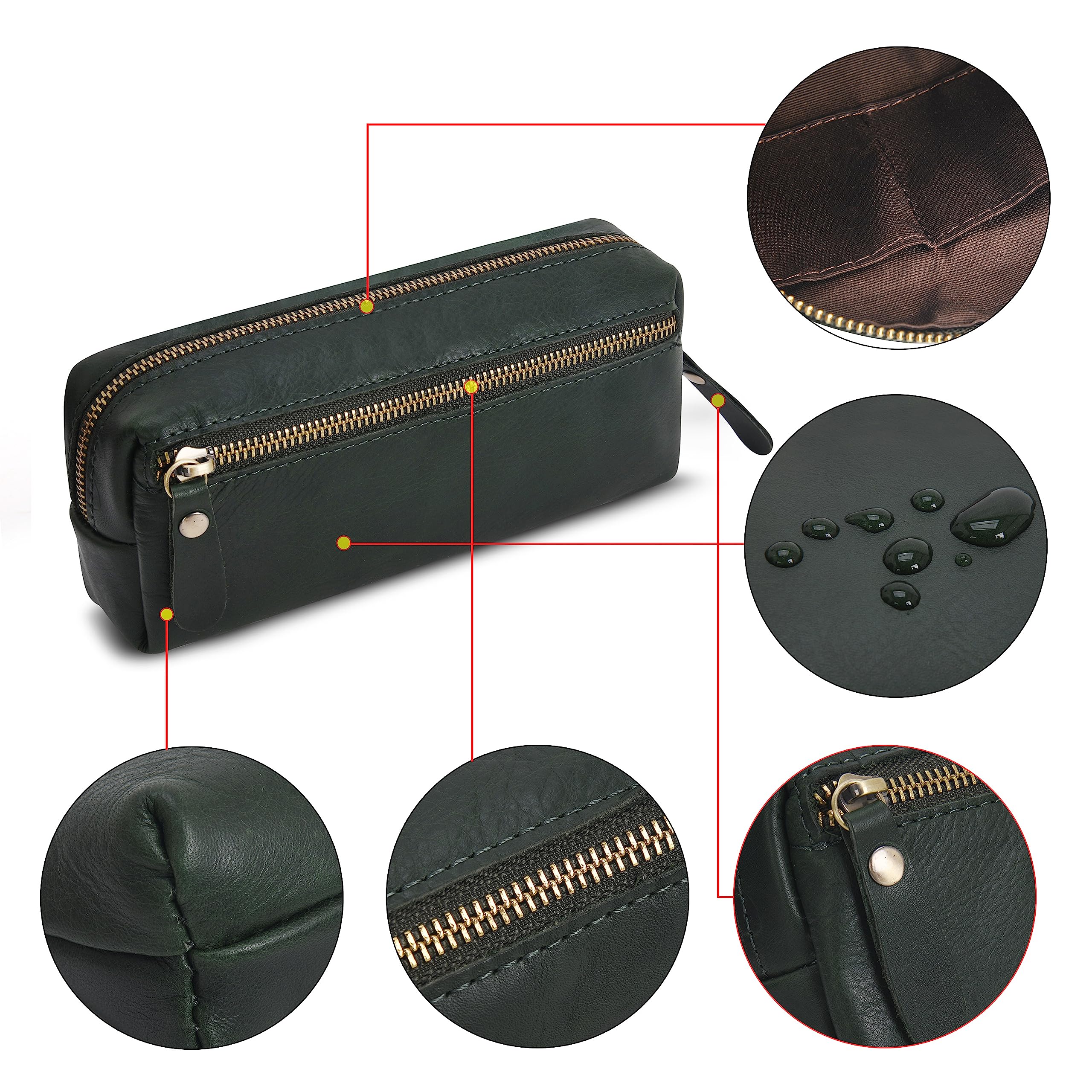 Wonderpool Pen Case Real Leather Pencil Pouch Markers Holder Big Capacity Bag with Side Zippered Pocket Sleeve for Stationery Makeup Utensils Organizer (Green) - Image 4