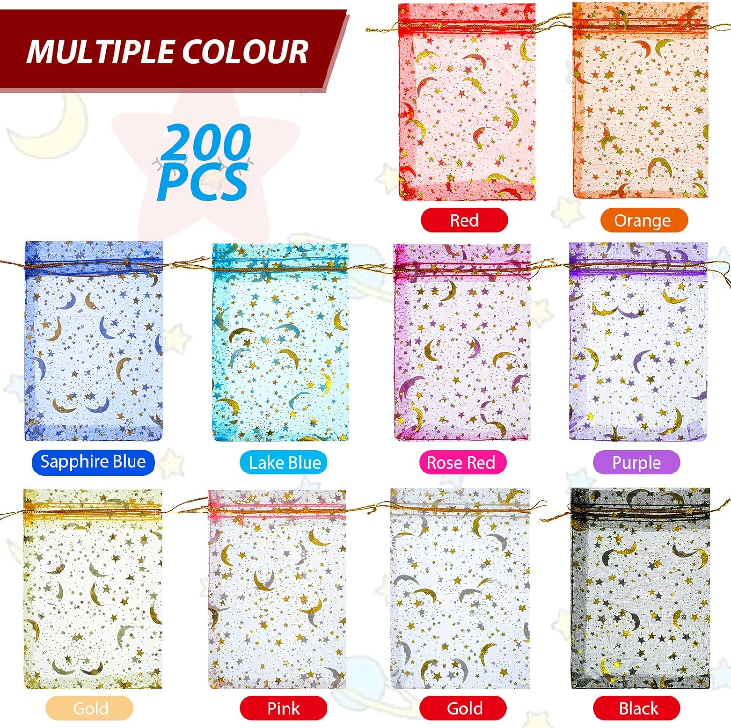 Meanplan 200 Pcs Organza Bags 4 x 6 Inch Moon Stars Gift Bags Bulk Jewelry Candy Moon Star Drawstring Small Candy Mesh Pouches Jewelry Pouches for Halloween Christmas Wedding Birthday Party Favor