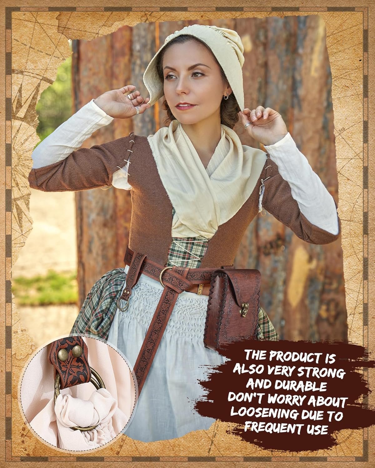 Geyoga 3 Pcs Renaissance Belt Women Skirt Hikes Renaissance Belt Bag Waist Leather for Ren Faire Costume(Leaf Pattern) Brown - Image 5