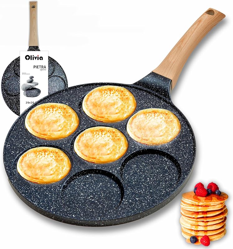 IPEA Padella Pancake 7 STAMPI Antiaderente per Induzione e Gas - Anti Aderente in Alluminio Per Frittata, Crepes, Uova, Hamburger - Padella da Cucina - Manico Comfort - 29 x 26,5 cm